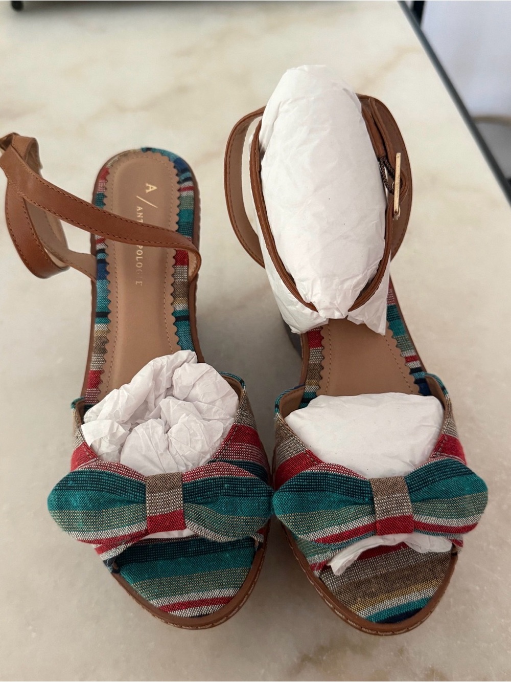 Anthropologie NIB Denim w/Red Striped Bow Platform Sandals sz8